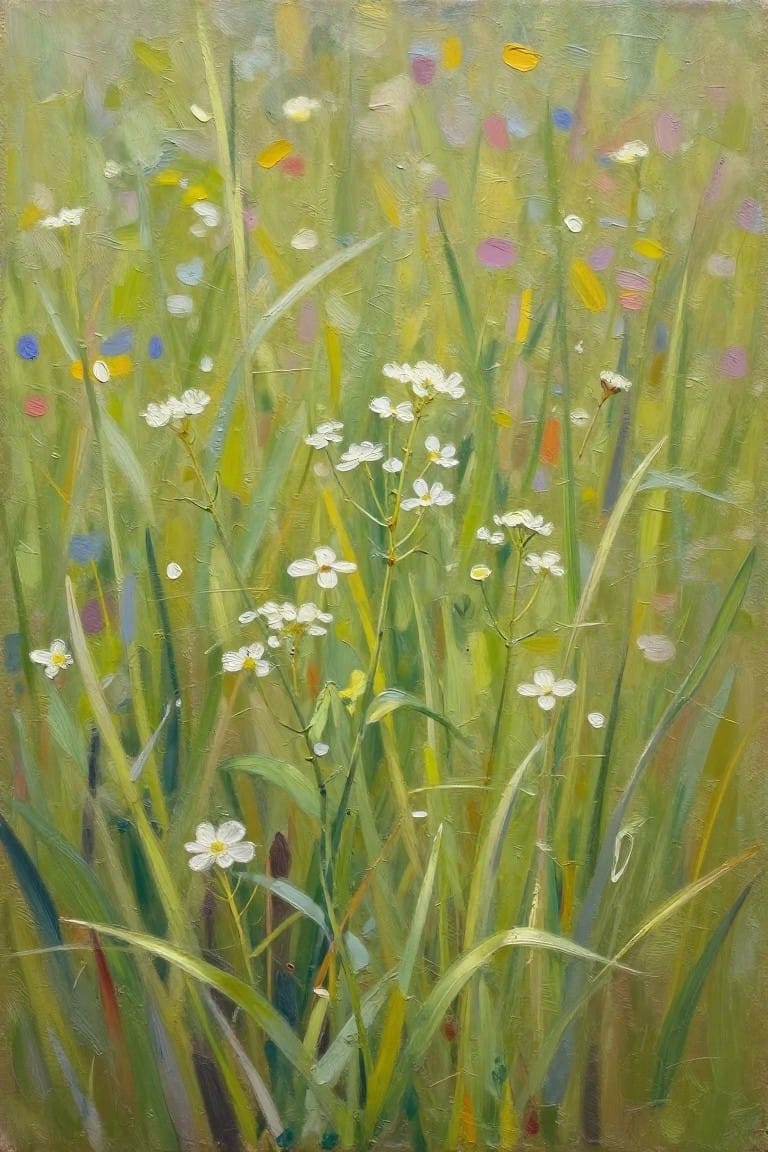 An oil painting of white wildflowers growing among tall green grasses with scattered colorful dots in the soft background.