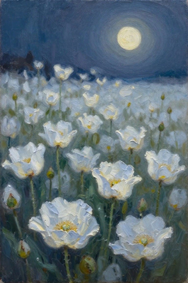 White flowers blooming under a full moon in a dark blue night sky