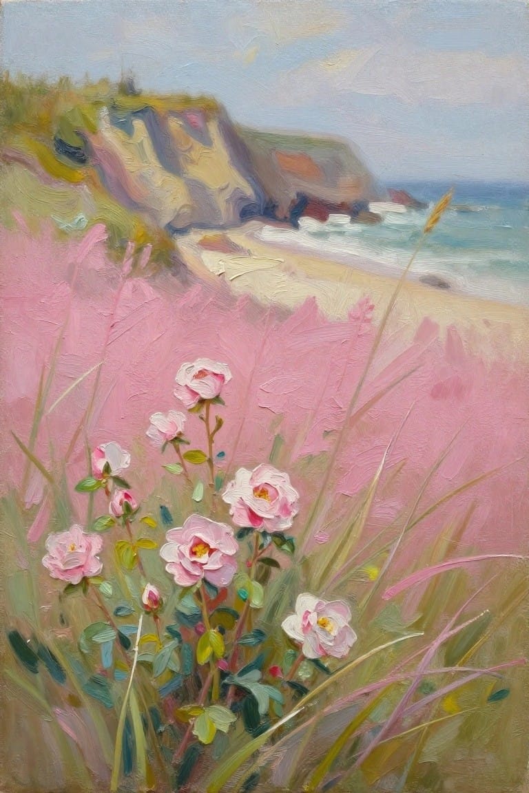 Pink roses amid grasses overlooking sandy beach, colorful cliffs, and ocean waves