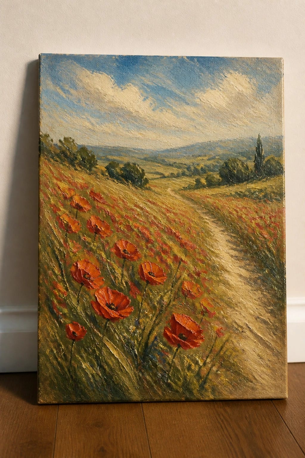 Oil painting of red poppies blooming along a winding path in rolling hills.