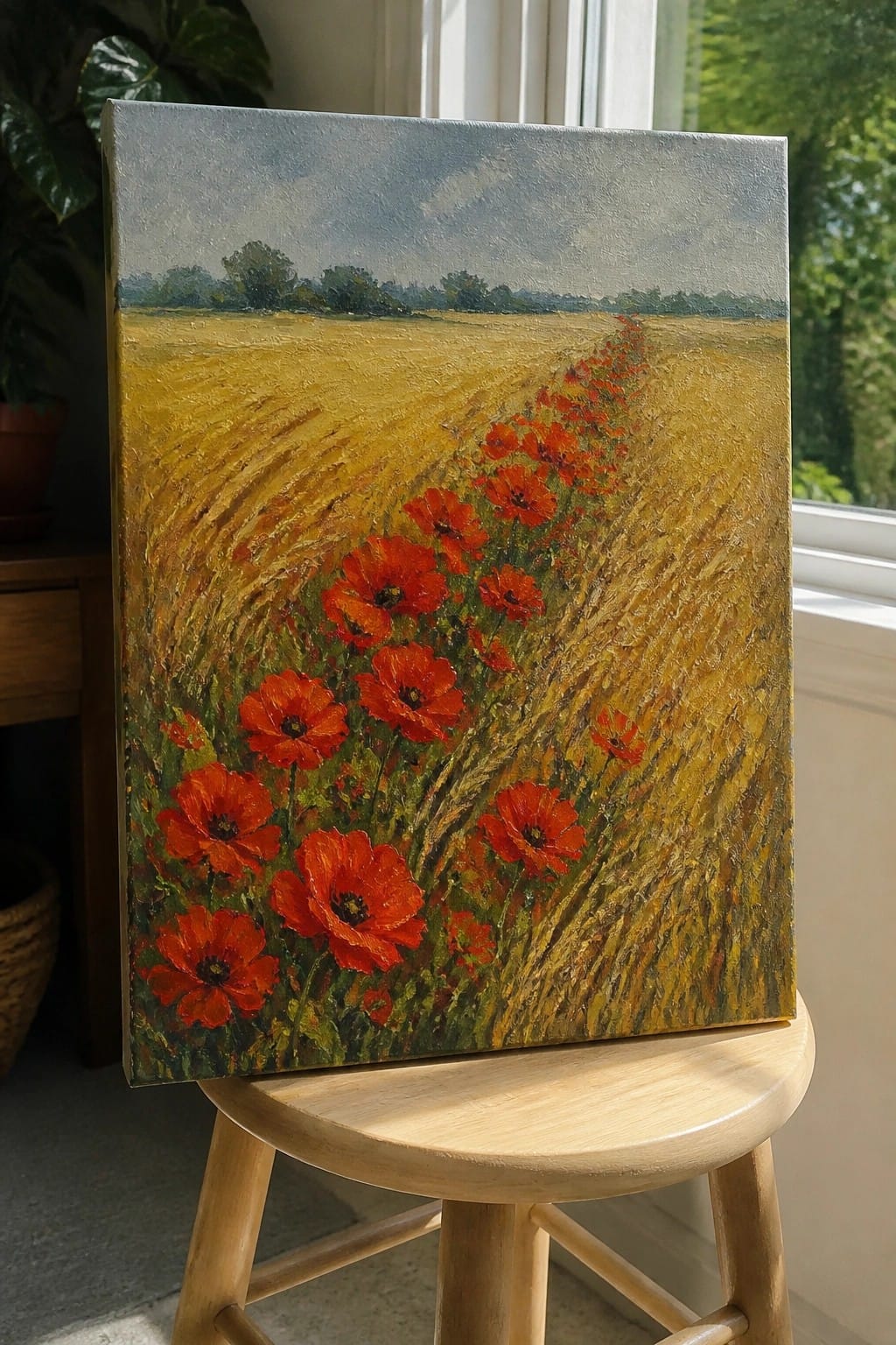 Oil painting of red poppies in golden wheat field on wooden stool