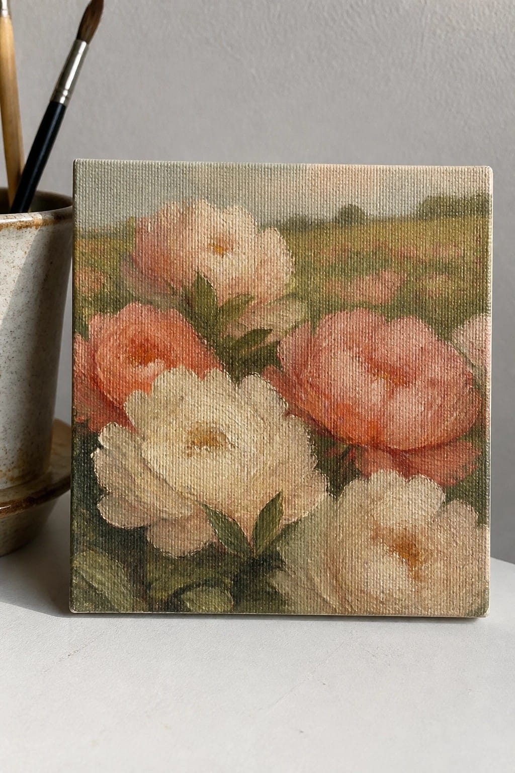 A small square oil painting of pink and white roses on a canvas next to a paintbrush in a cup.
