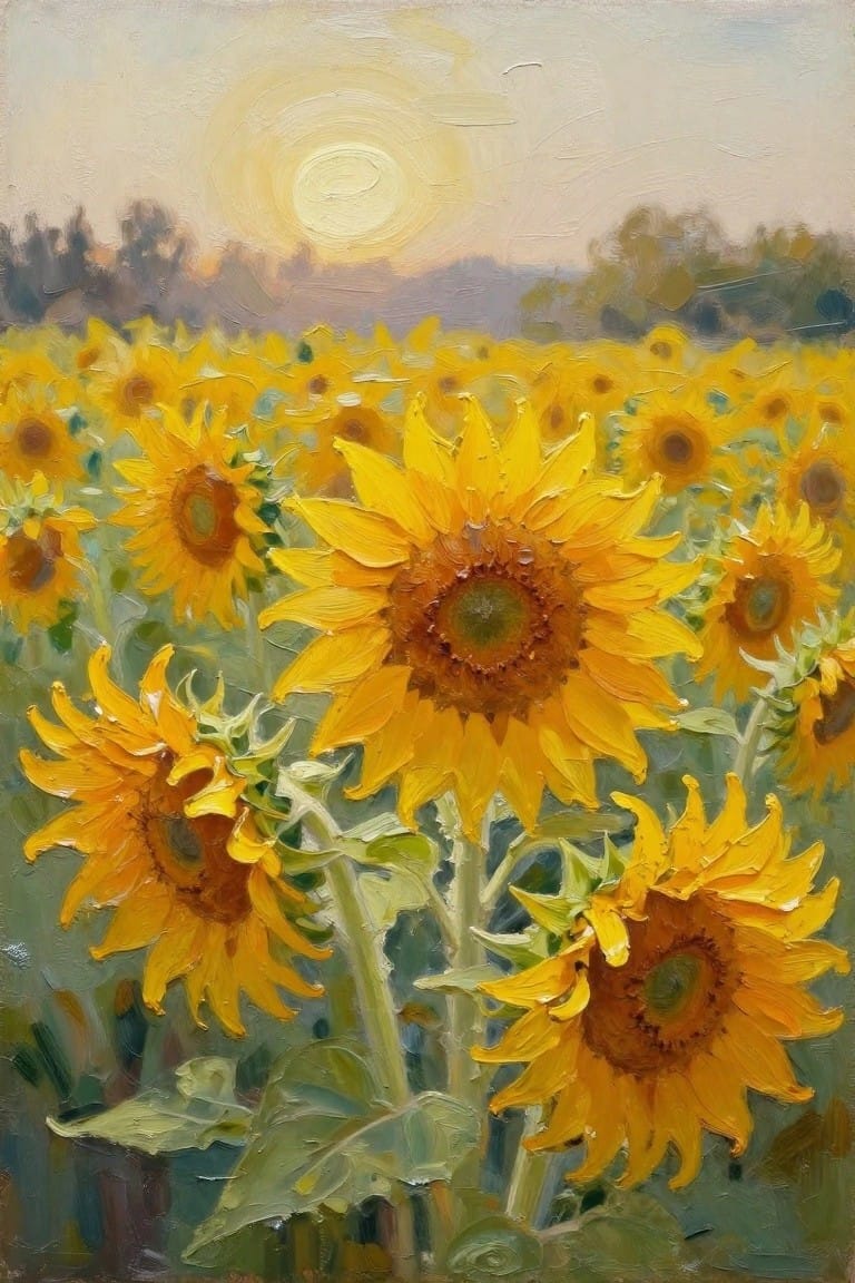 Lush field of yellow sunflowers under hazy sun with visible brushstrokes