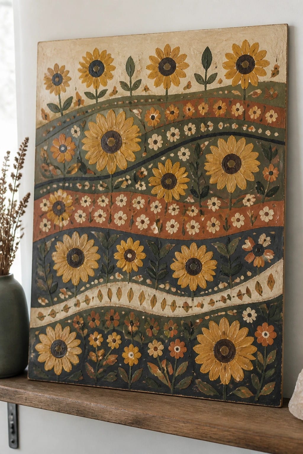 Folk art painting of yellow sunflowers with wavy striped floral bands on wood