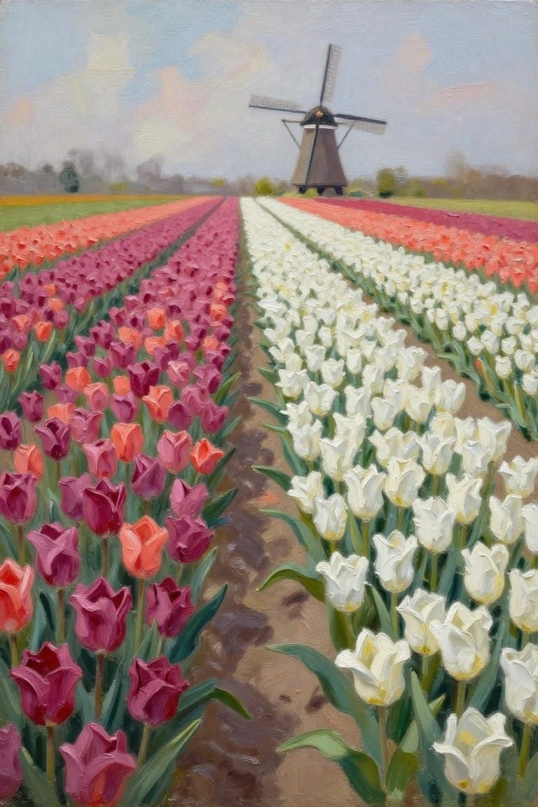 Rows of vibrant pink, purple, red, and white tulips with a distant windmill.