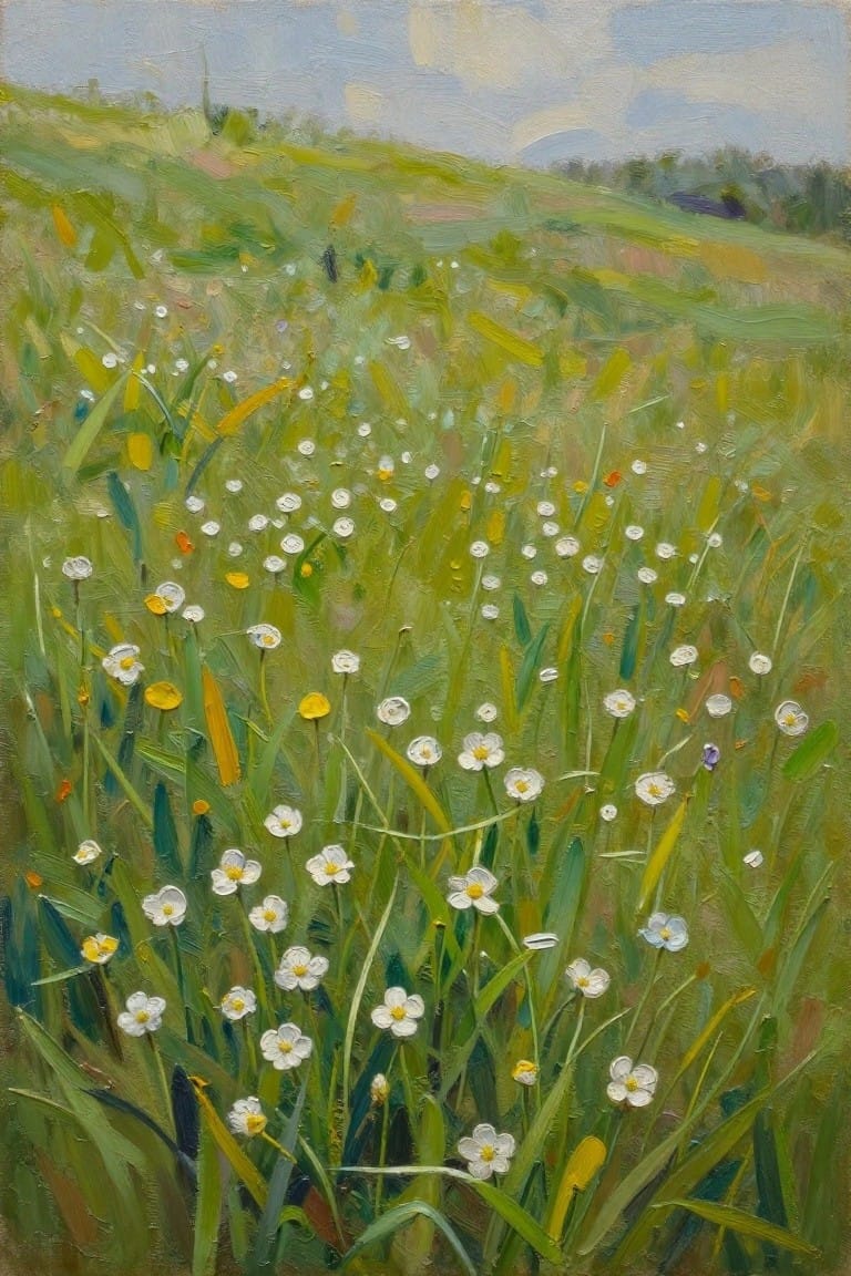 Lush green meadow blooming with white wildflowers under a bright blue sky, impressionist style