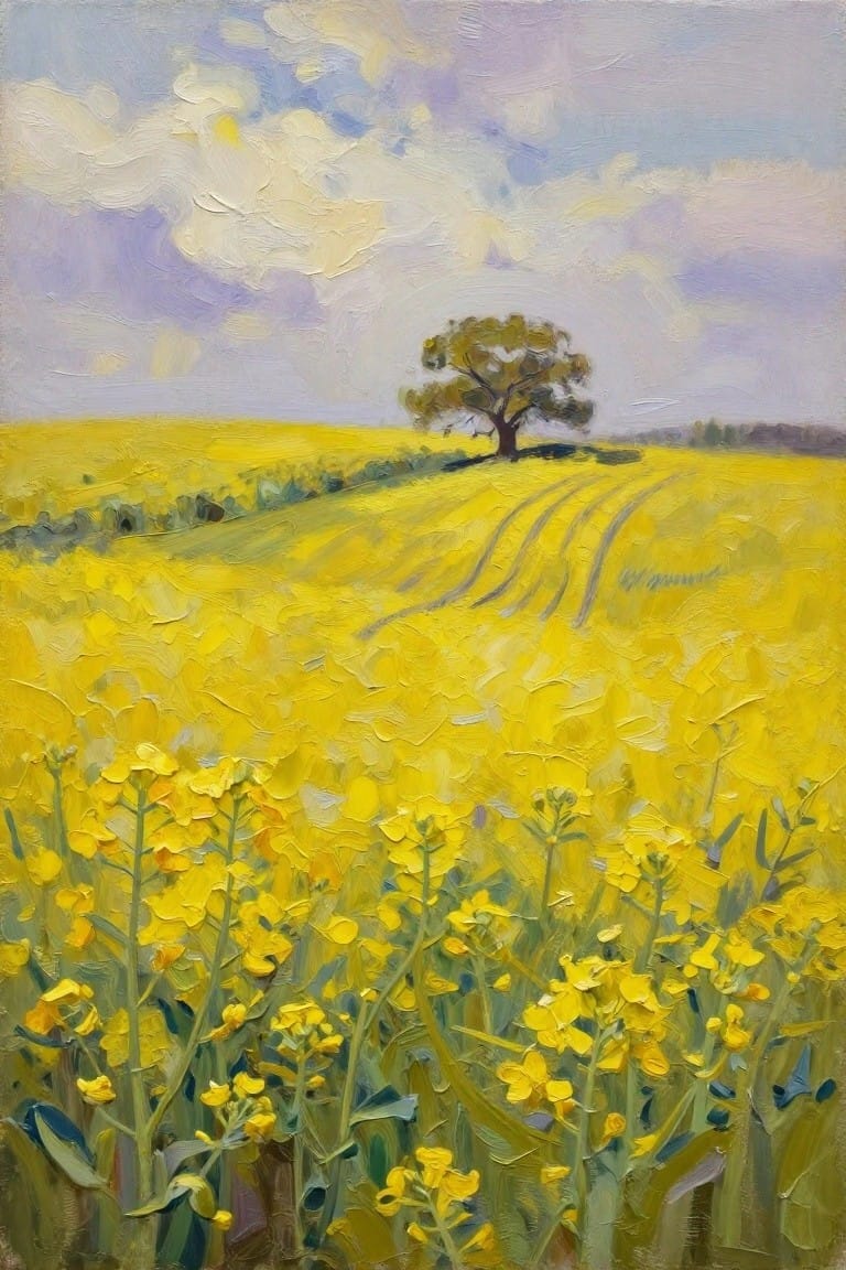 Vivid oil painting of expansive yellow flower field with lone tree under cloudy sky