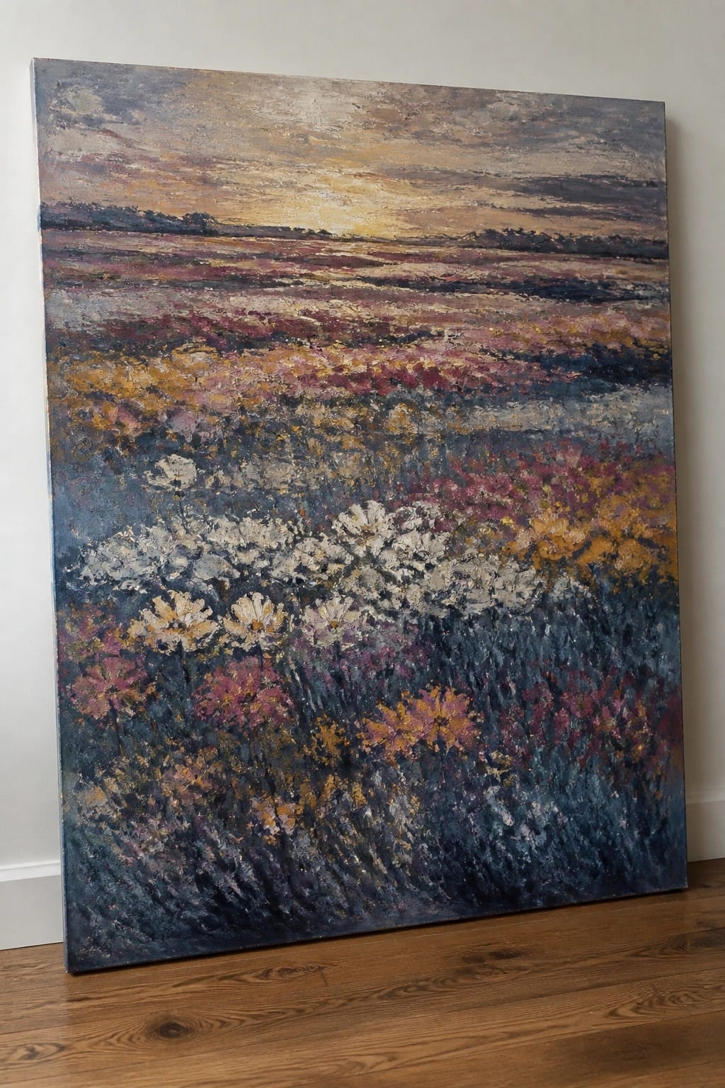 Large abstract painting of wildflower field at sunset leaning on wall
