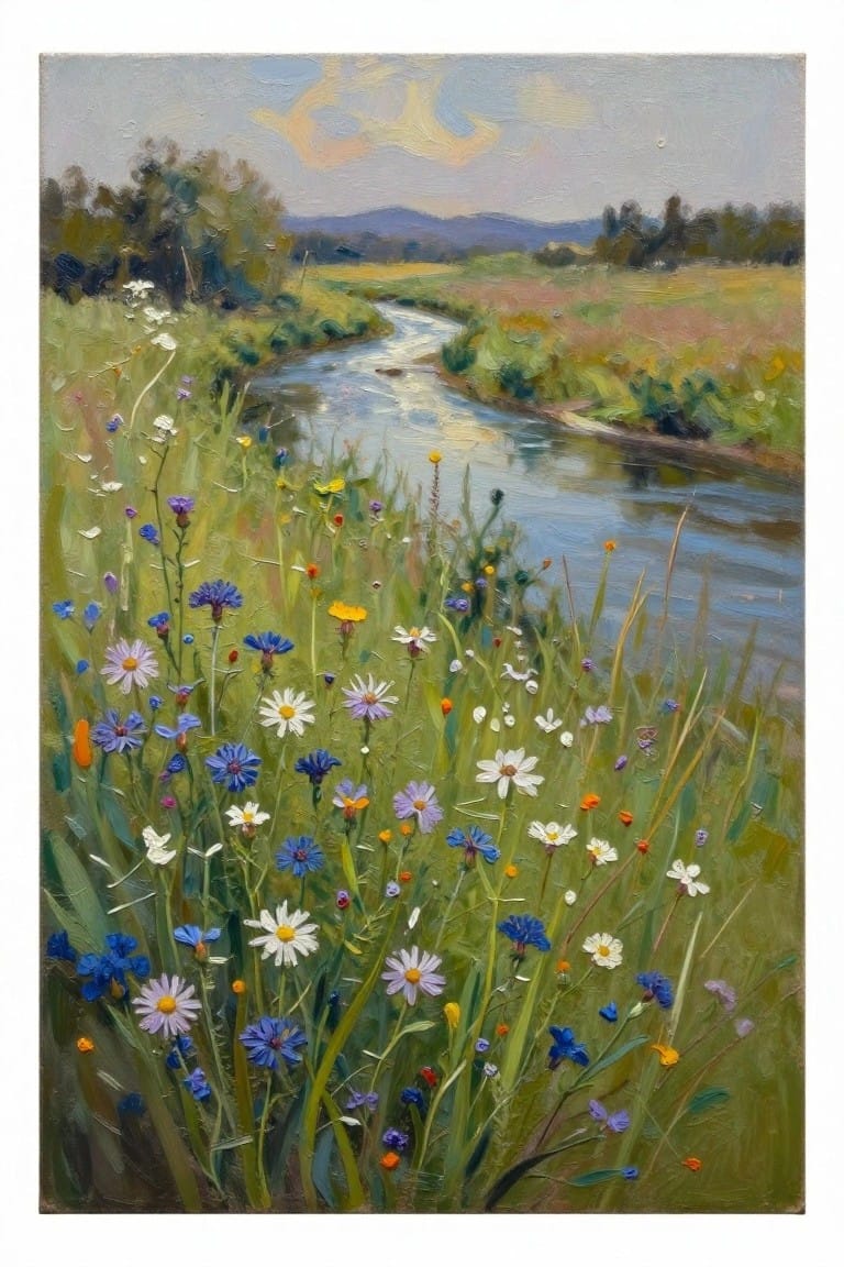 Vibrant wildflowers beside a winding river in a lush countryside oil painting.