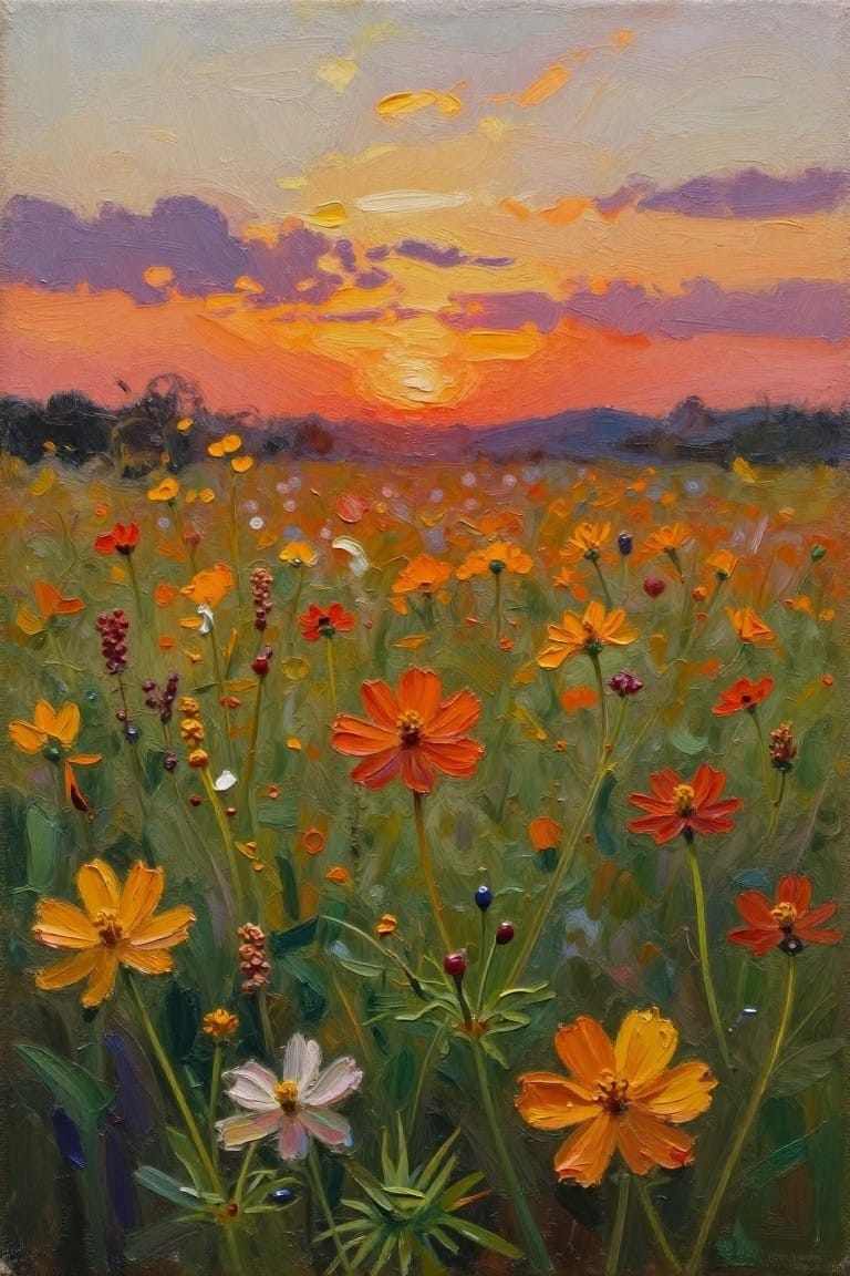Vibrant wildflowers blooming in a meadow beneath a colorful sunset sky.