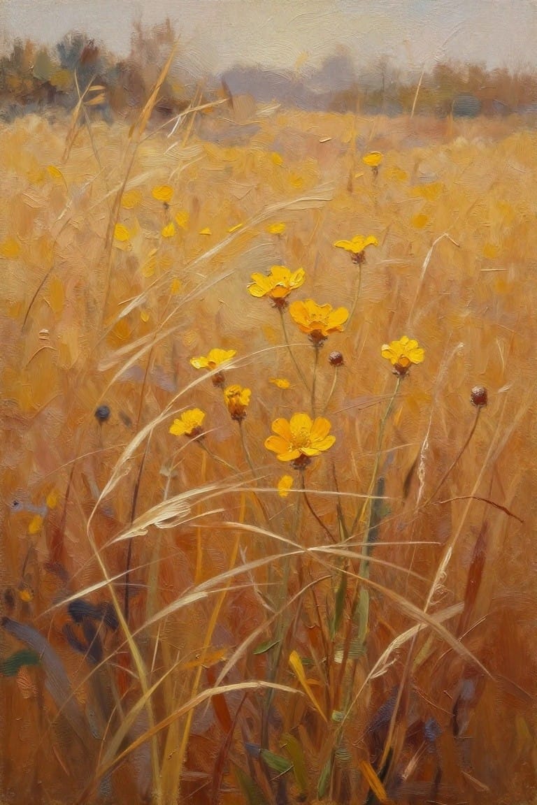 Yellow wildflowers amid tall golden grass in a windswept autumn field