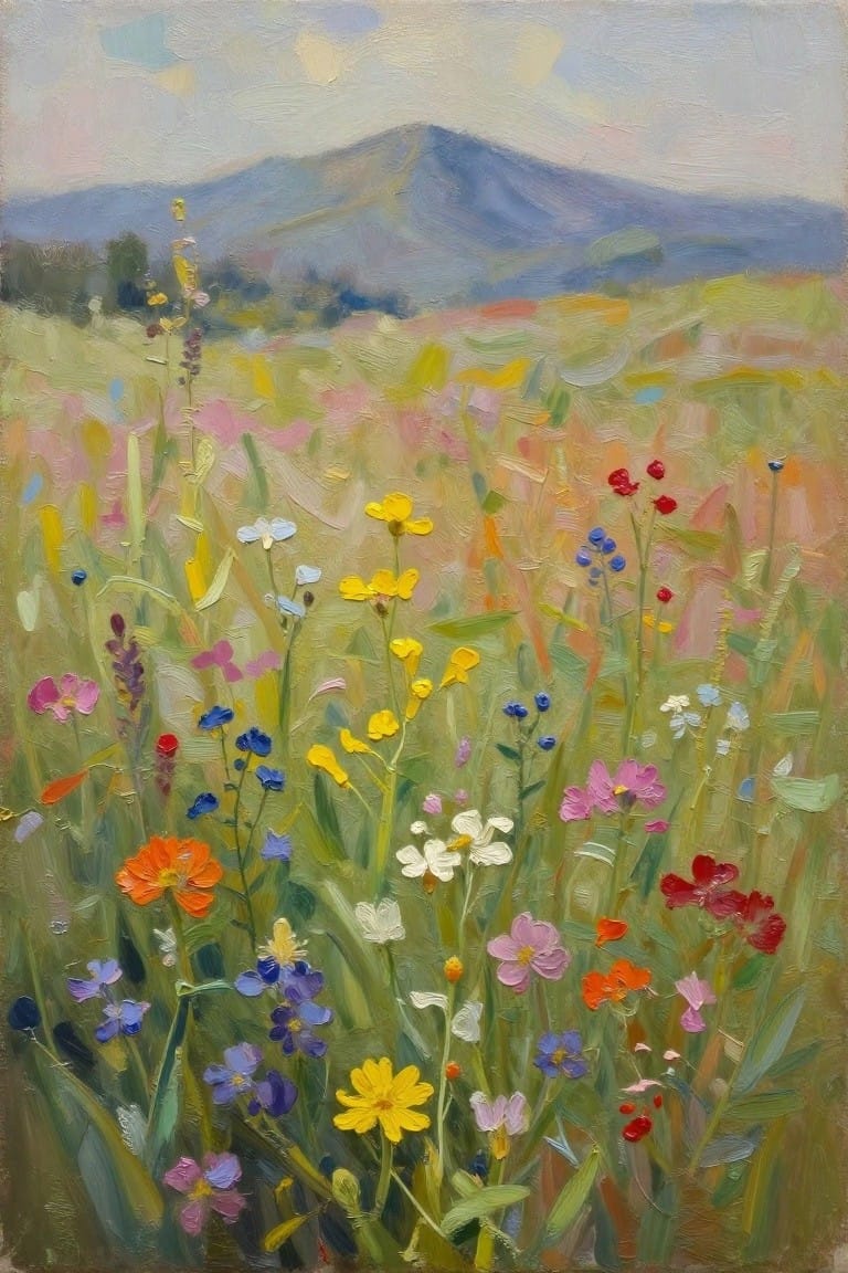Vibrant wildflowers bloom across a meadow with distant blue mountains in soft light.