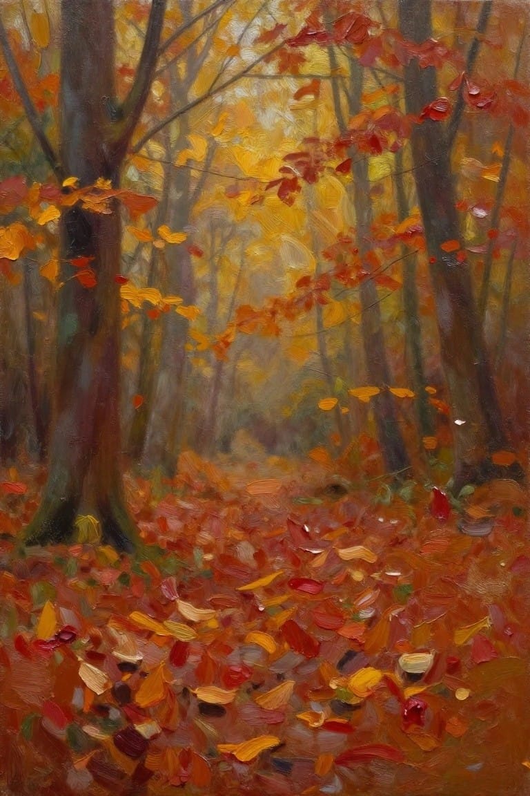 Impressionistic oil painting of misty autumn forest with colorful fallen leaves on ground