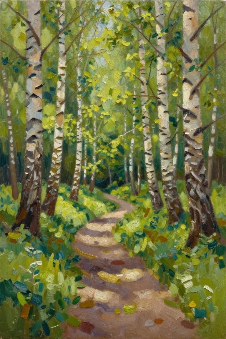 An oil painting of a winding dirt path through tall birch trees with green and yellow leaves.