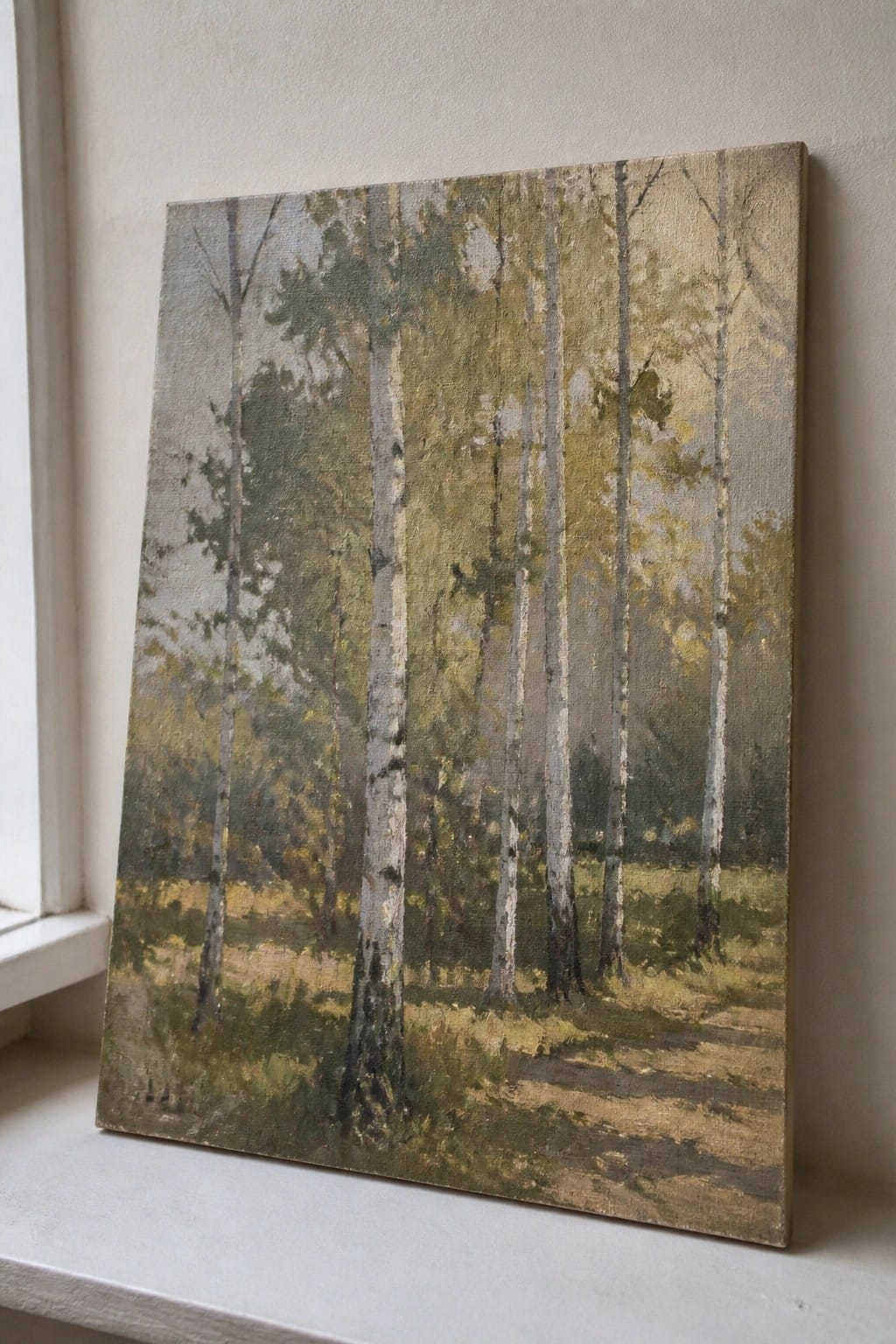 An oil painting of tall birch trees with white trunks standing in a forest with green and yellow foliage.