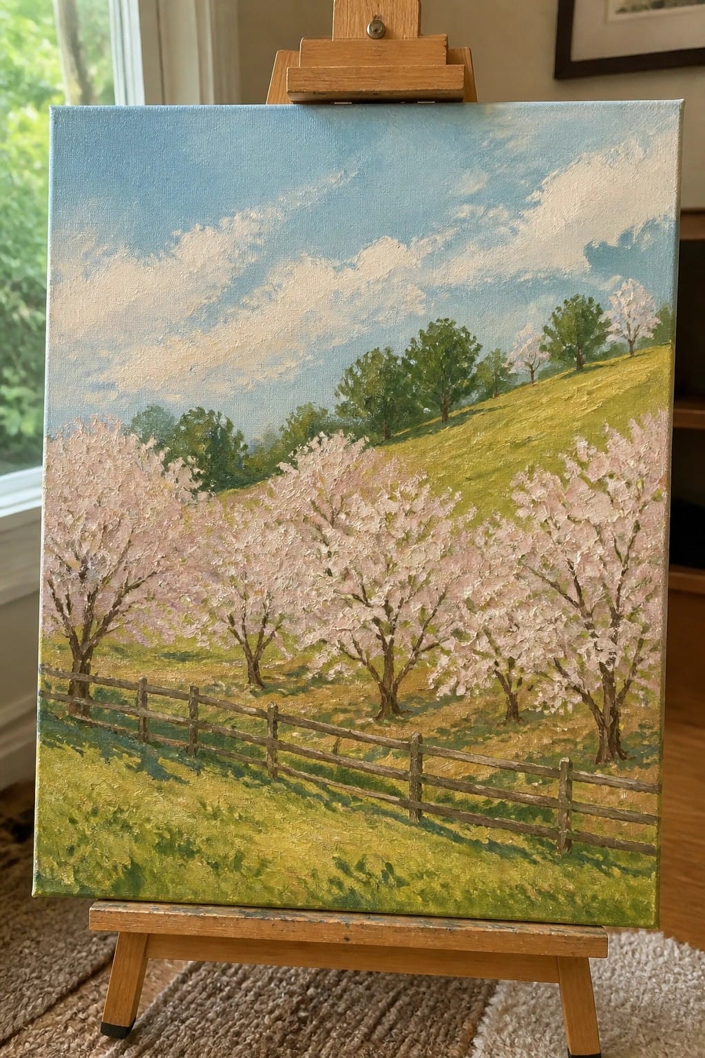 Oil painting on easel of pink cherry blossoms, wooden fence, and green hills.
