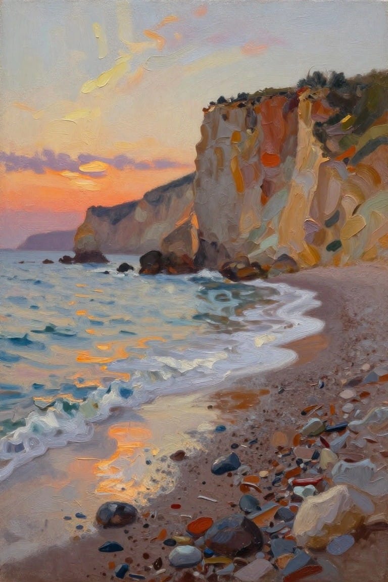 An oil painting of a sunset over cliffs with waves lapping onto a rocky beach.