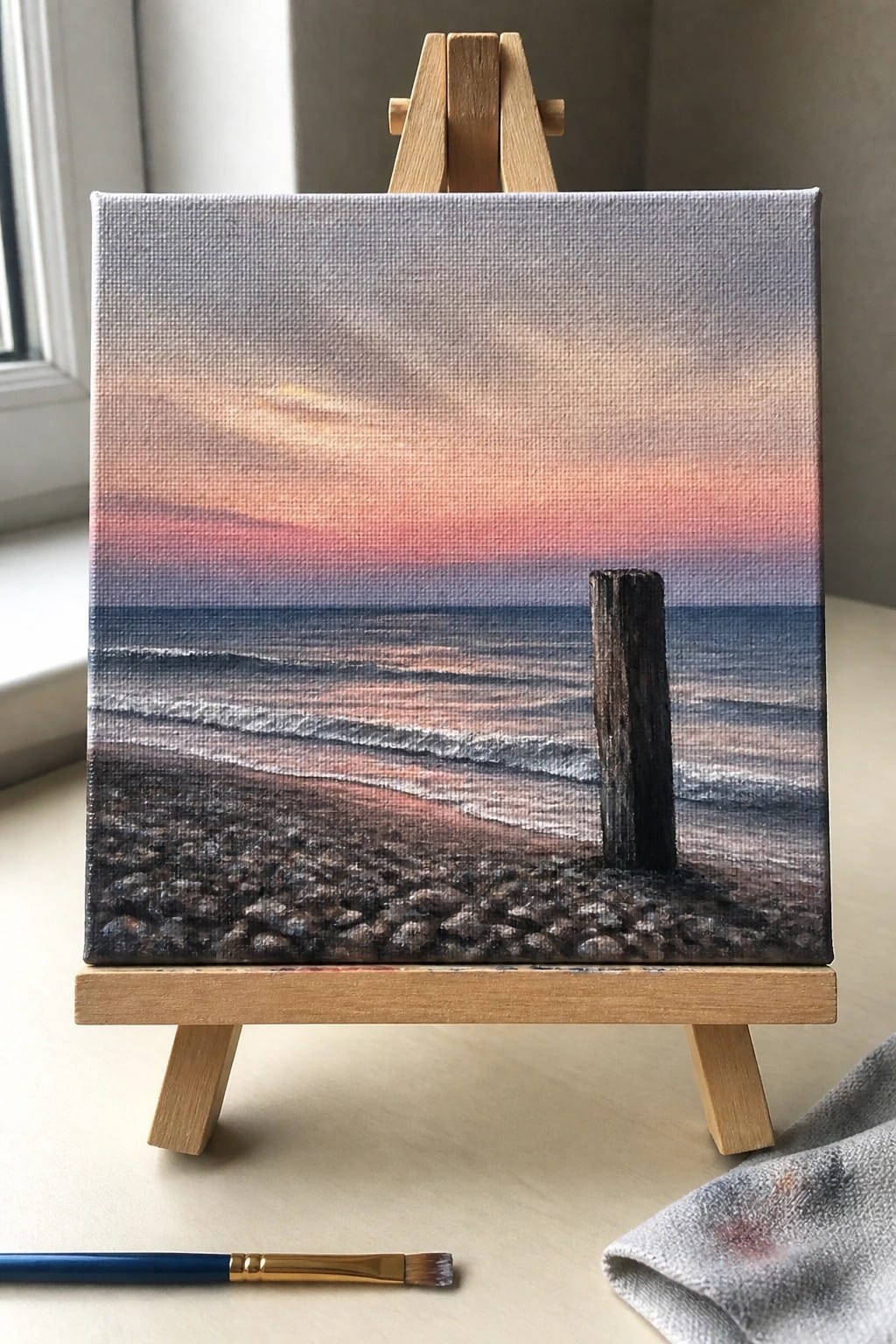 Seascape painting on easel showing sunset beach with wooden post in water
