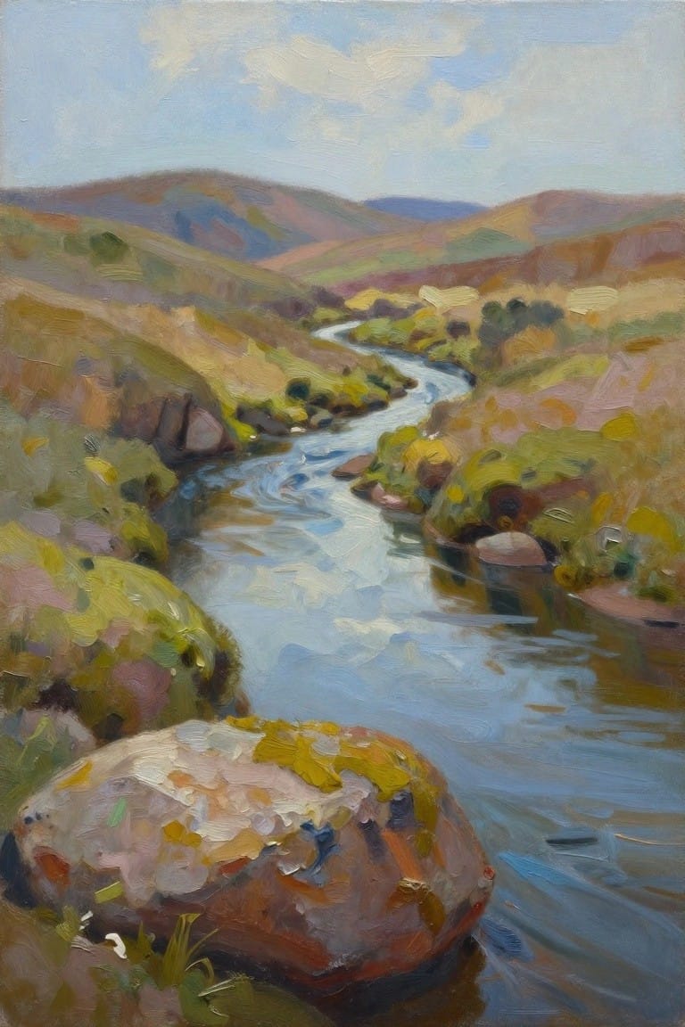 Oil painting of a winding river flowing through rolling hills with a large rock in the foreground.
