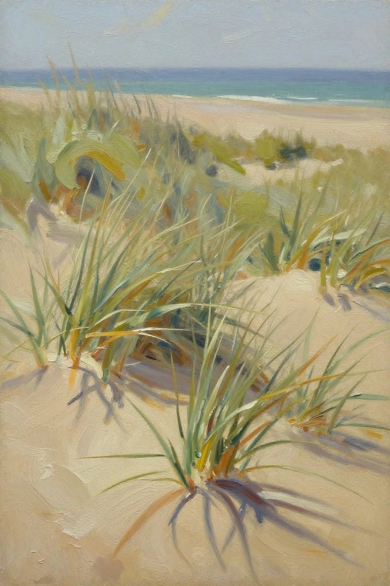 An oil painting of tall grasses growing in sand dunes with the ocean visible in the background.