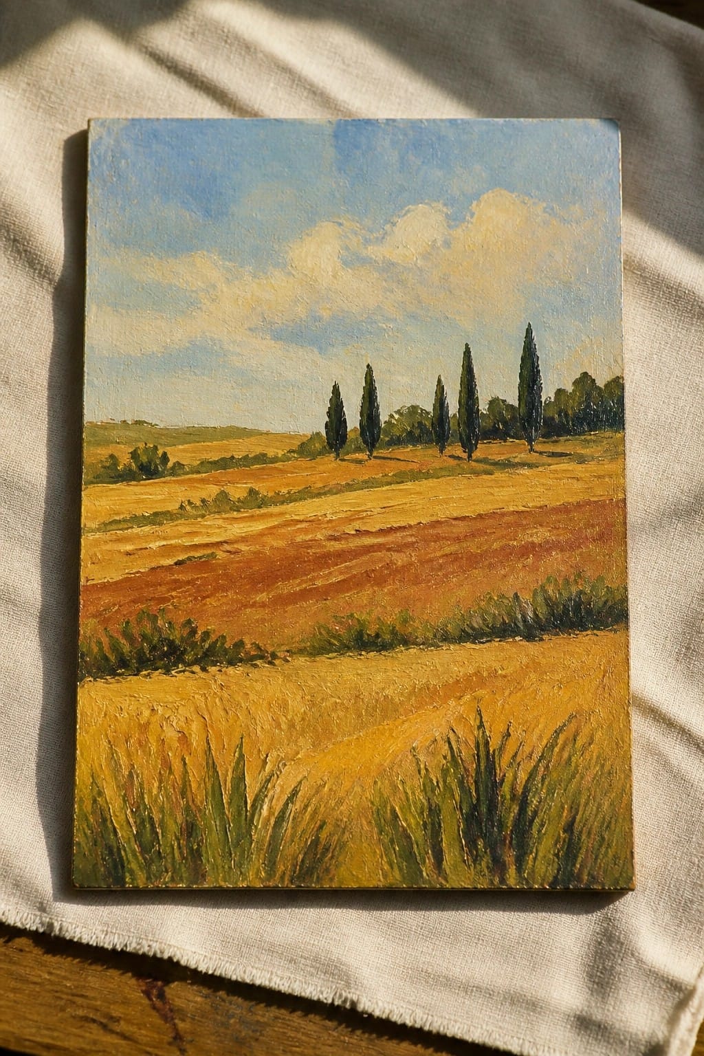 Impressionist oil painting of golden fields and cypress trees on white cloth