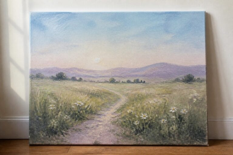 Oil painting of winding dirt path through daisies toward purple mountains
