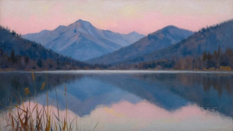 18 Inspiring Oil Painting Landscapes That Capture Peaceful Natural Scenery Mountain peak reflected in misty pink lake at dawn with foreground reeds, soft painting