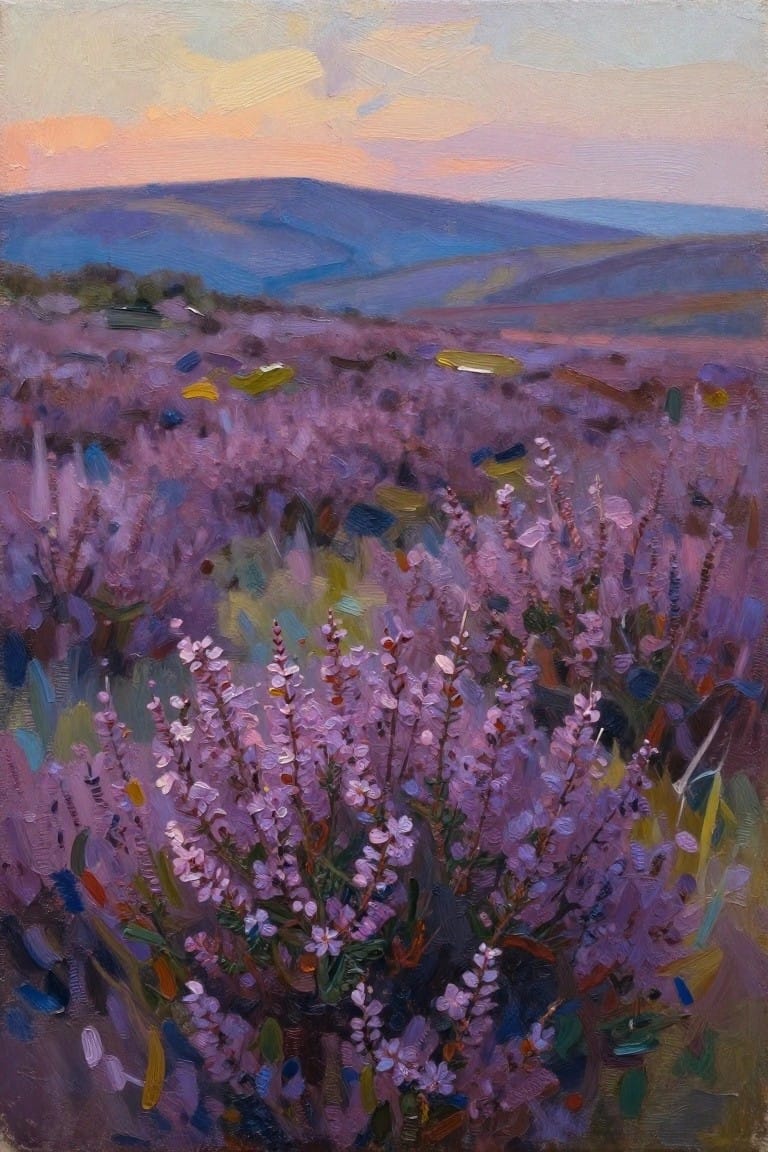 Vibrant impressionist painting of purple heather fields under a sunset sky with hills.