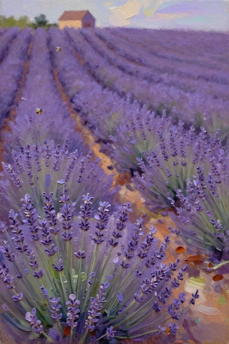 Purple lavender field rows with path, bees, distant barn in oil painting style