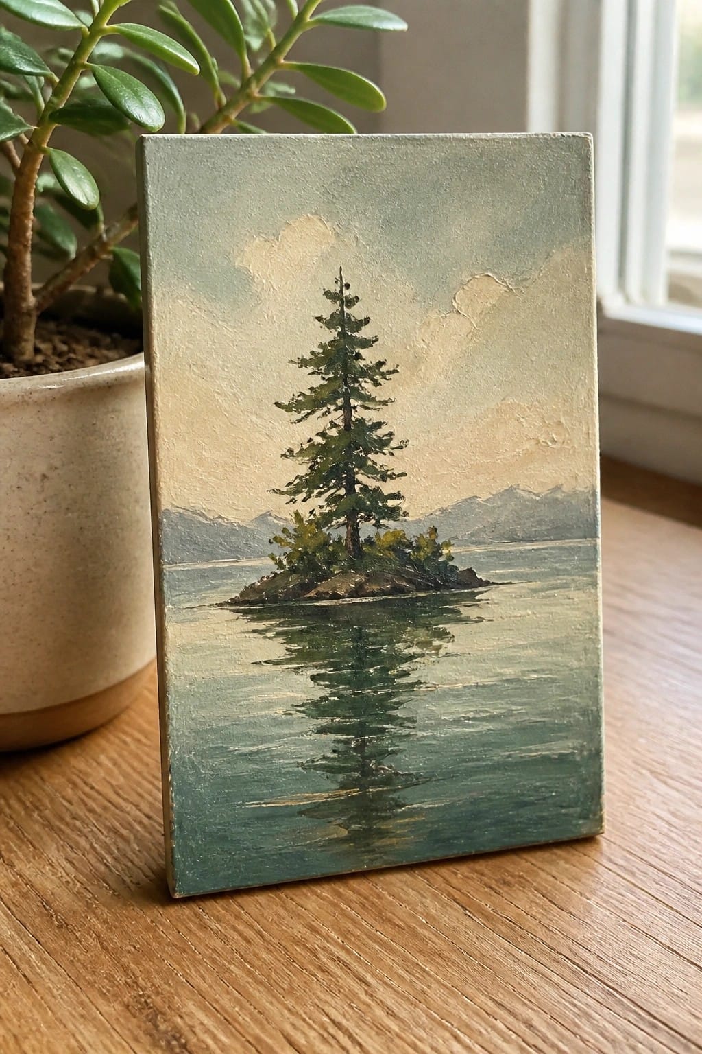 Small landscape painting of pine tree on rocky island reflected in lake beside potted plant.