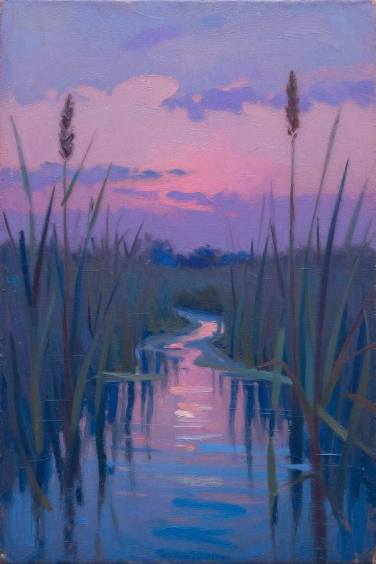 Impressionistic painting of reeds along a winding stream reflecting pink-purple sunset skies