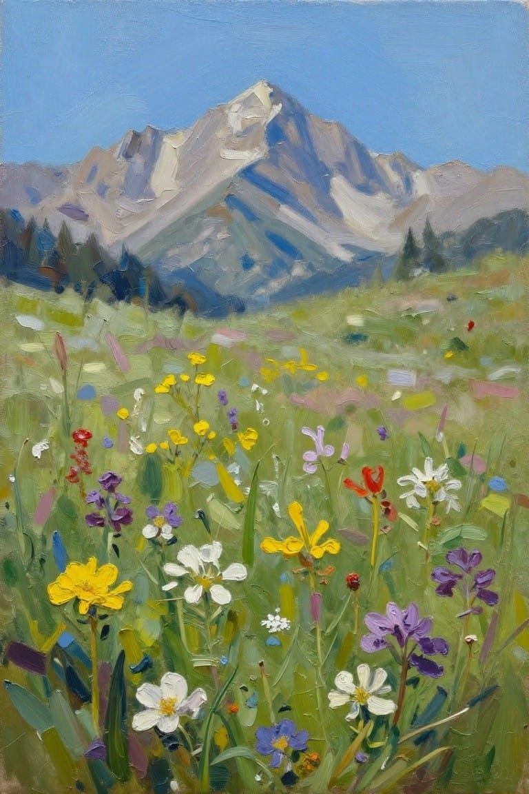 Vibrant wildflowers bloom across a lush meadow with rugged mountains beyond