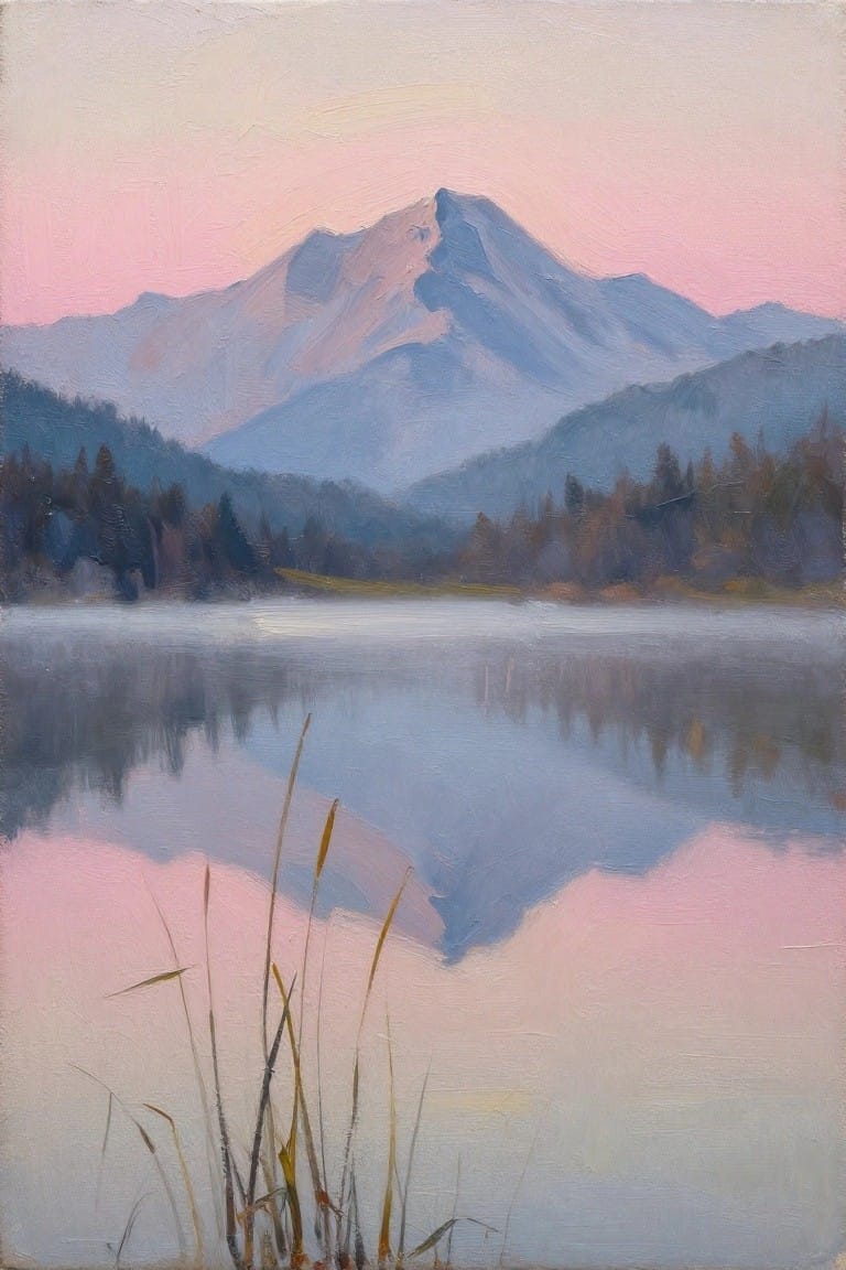 Mountain peak reflected in misty pink lake at dawn with foreground reeds, soft painting