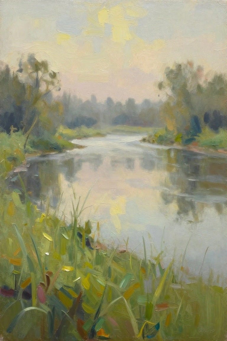 Impressionist oil painting of calm river with lush green banks and soft pastel sky.