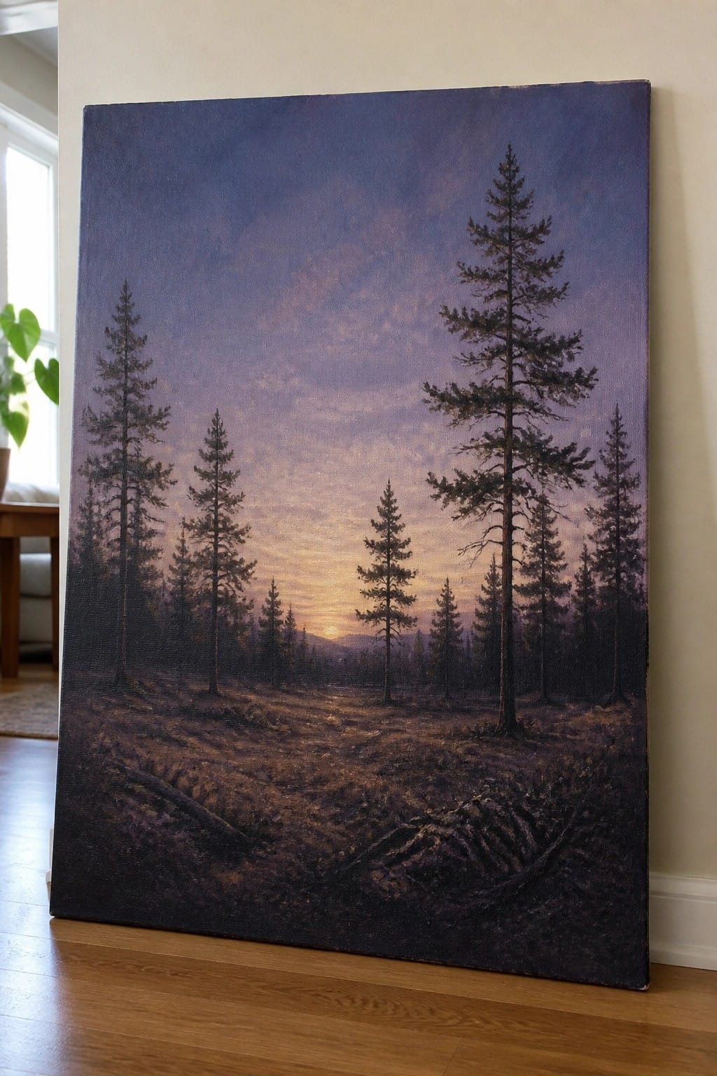 Large landscape painting of pine forest at sunset leaning against indoor wall