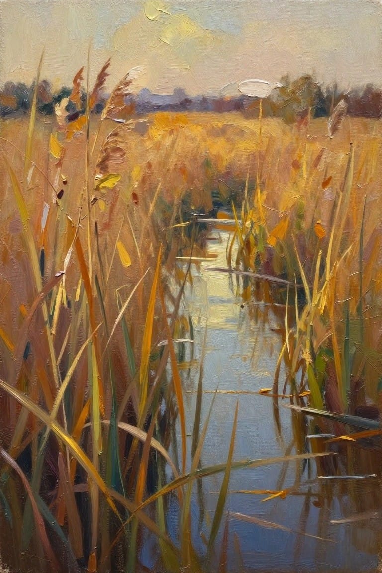 An oil painting of tall autumn reeds and grasses surrounding a narrow blue waterway in a marsh under a pale sky.