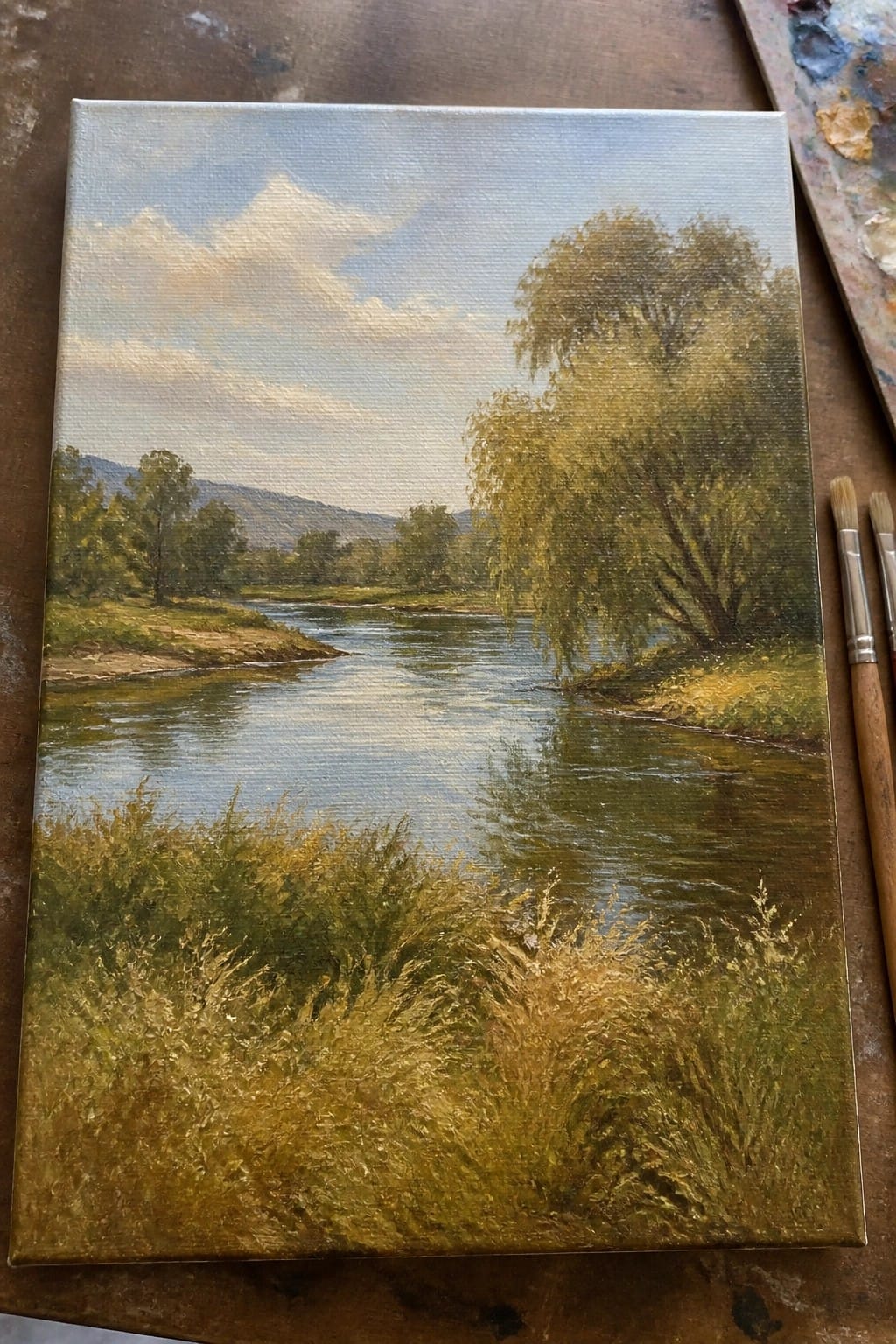 Realistic oil painting of calm river with golden grass, green trees, and distant hills.