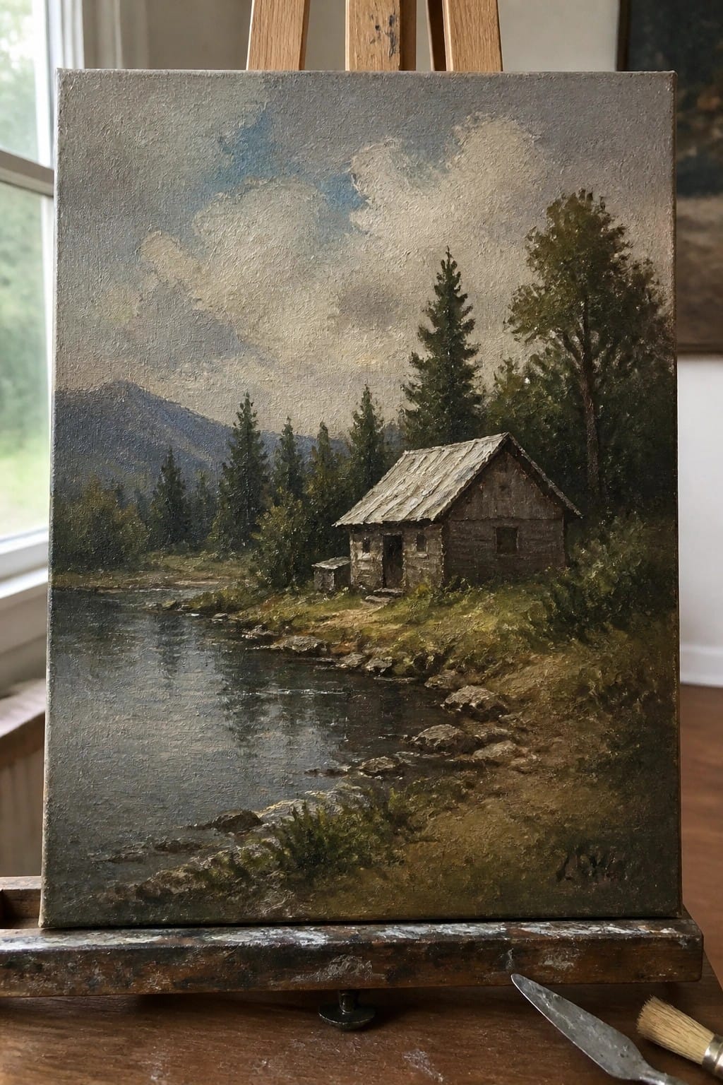 Oil painting on easel of log cabin by rocky river amid mountains and trees