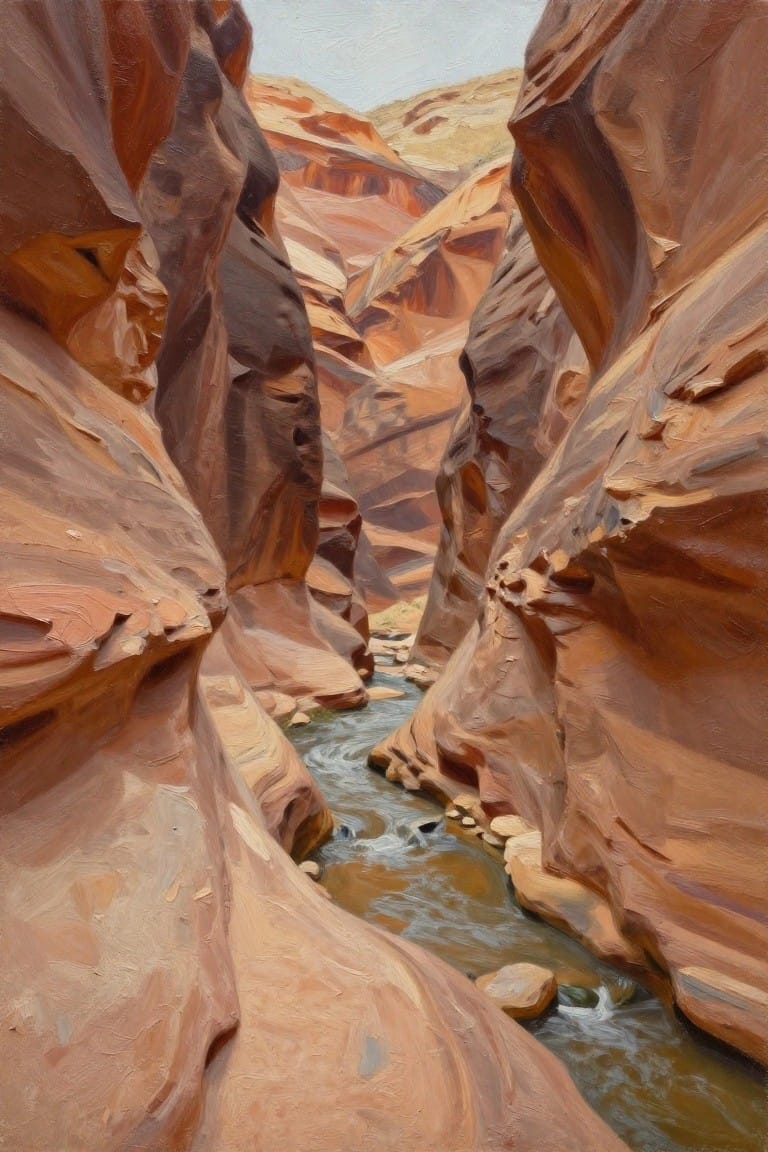A realistic oil painting of a narrow canyon with reddish rock walls and a small stream flowing through the center.