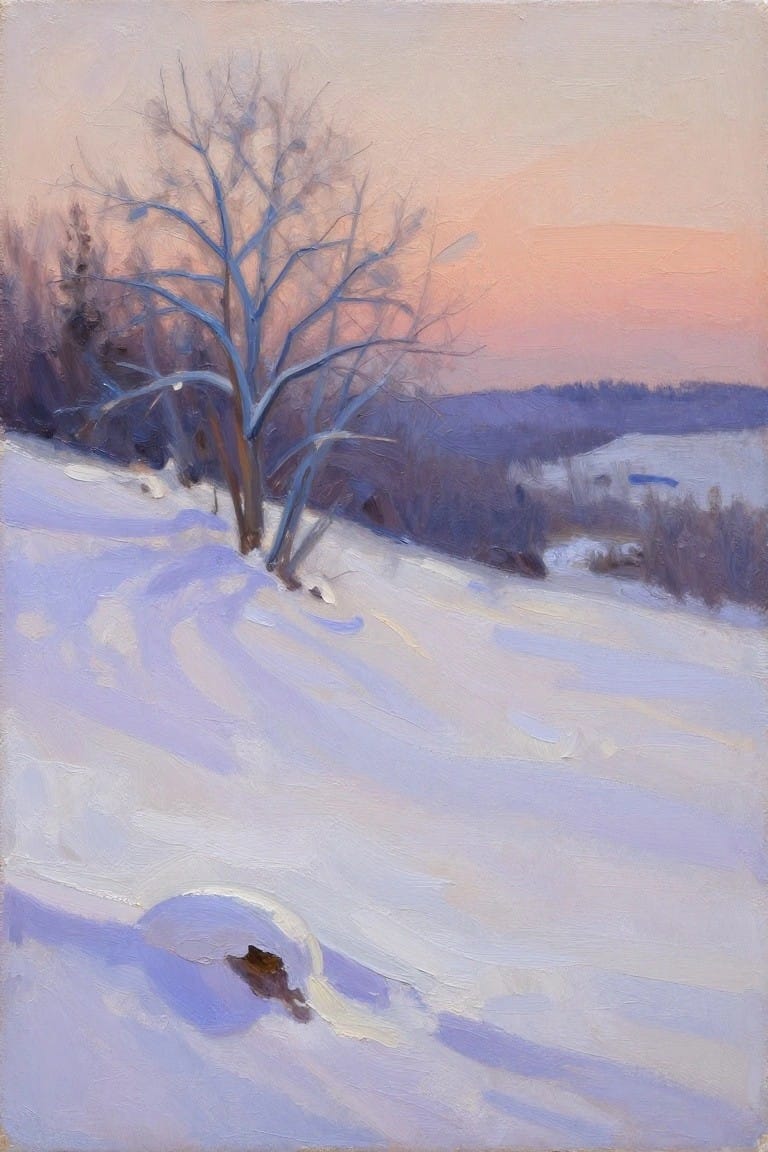 An oil painting of a snow-covered hillside with a bare blue-toned tree under a soft pink and orange sunset sky.