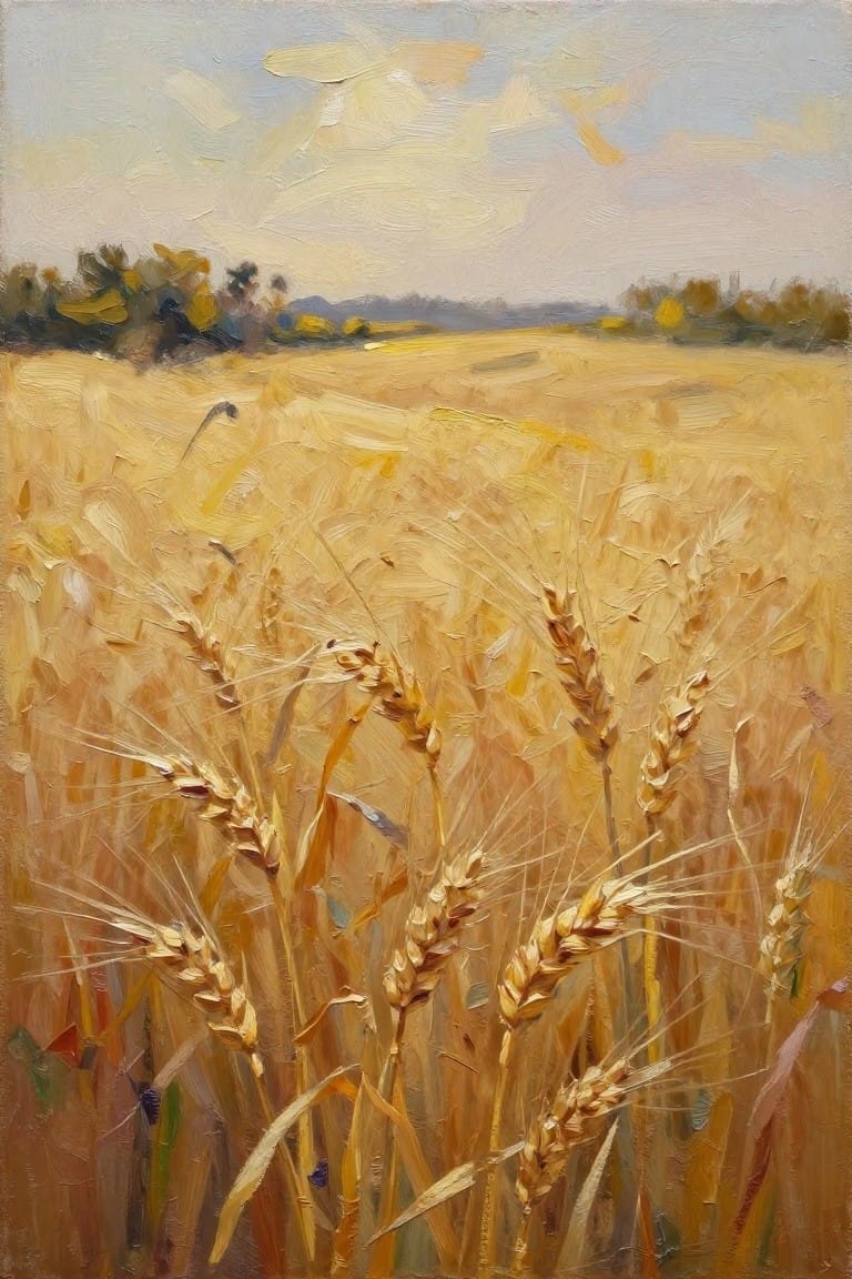 Golden wheat stalks in a vast sunlit field under cloudy skies