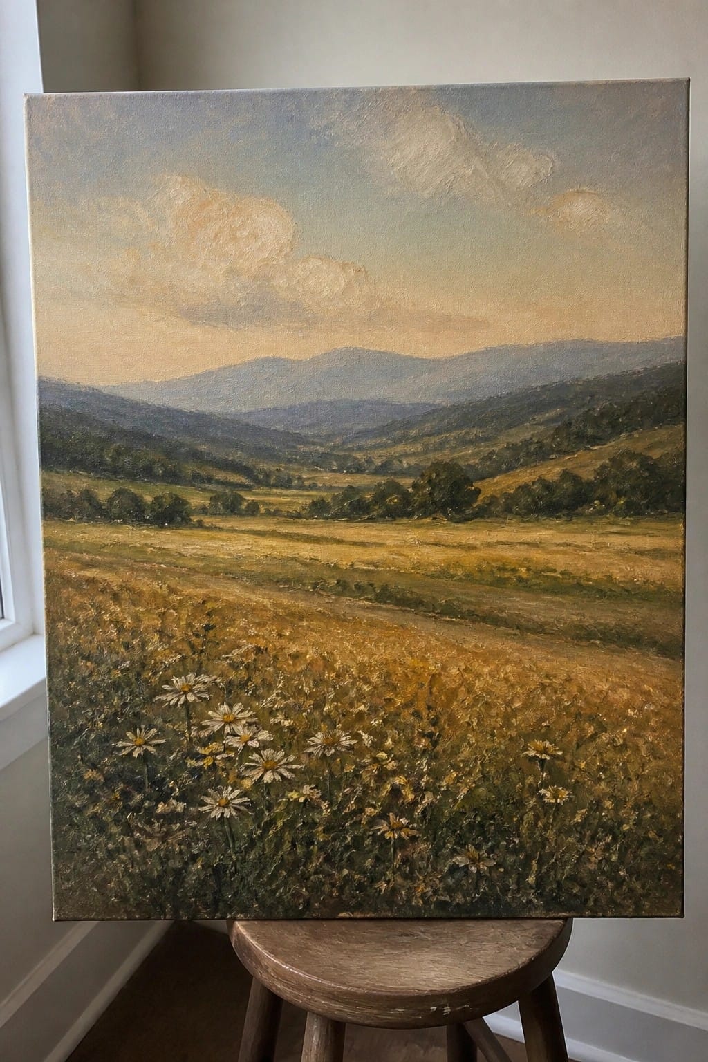Pastoral oil painting of daisy meadow, golden fields, and layered mountains on a stool.