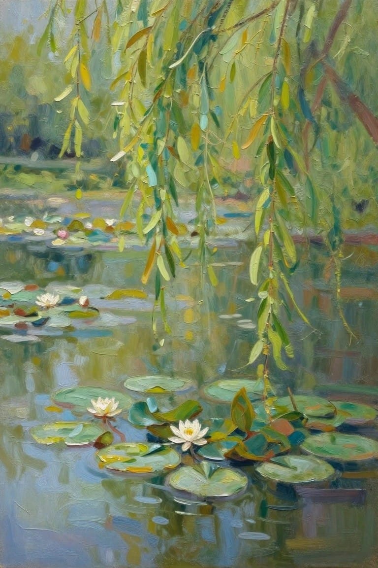 Impressionistic painting of green willow branches over a pond with white water lilies