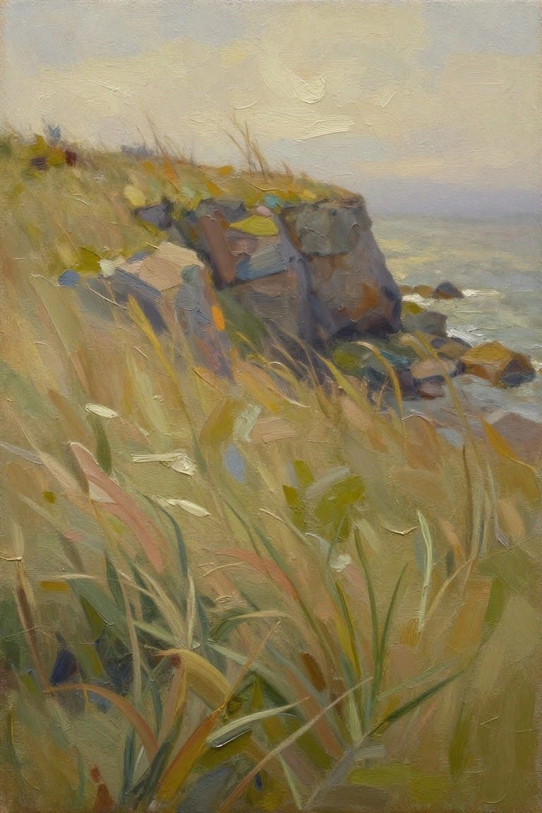 Oil painting of tall grass on a grassy cliff with rocks and the ocean visible beyond.