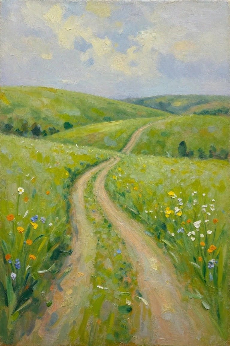 Winding dirt path curving through flower-filled green hills under cloudy skies, oil painting style