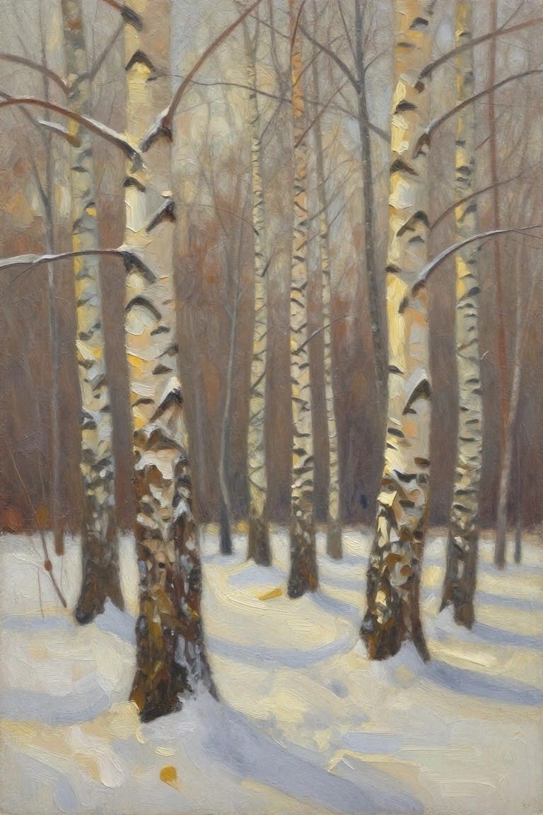 Snowy birch forest with tall trunks, dappled sunlight, and textured brushstrokes