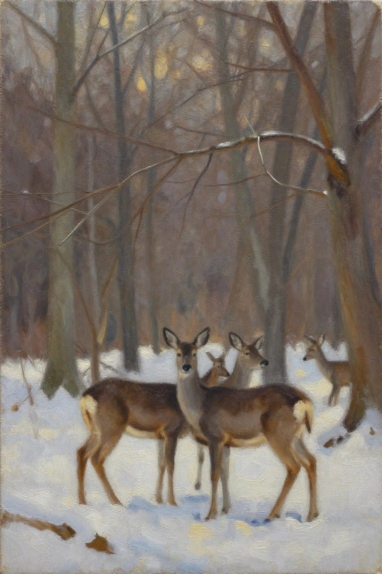 Deer standing in snow among bare trees in a muted winter forest
