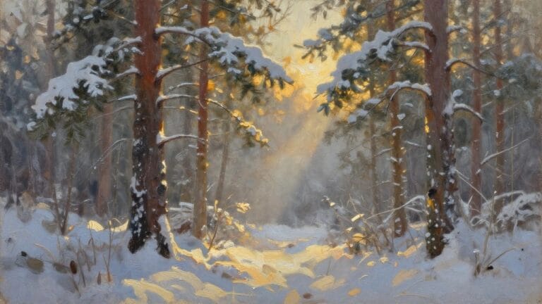 18 Magical Winter Landscape Oil Paintings Using Snow and Soft Light Sunlit path winds through snow-laden pines in a misty golden winter forest
