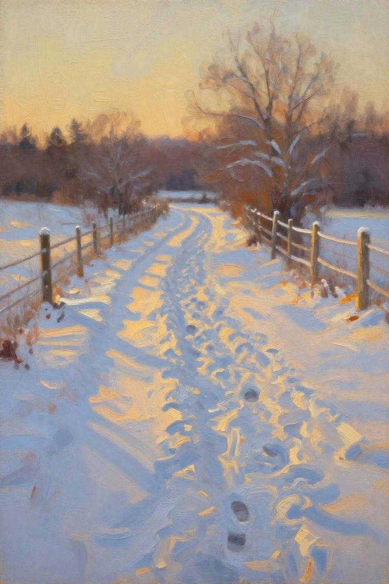 Sunlit snowy path with footprints between wooden fences at sunset