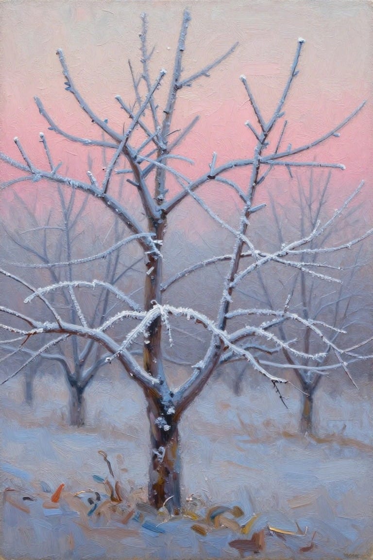 Frost-covered bare tree against pink sky in snowy winter landscape painting
